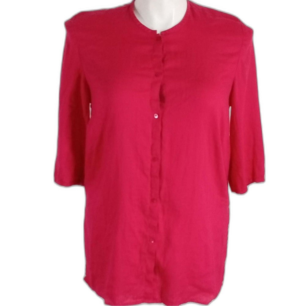 Sarah Spencer Woman 1X Top Bright Pink 100% Linen Button Front 3/4 Sl‎